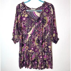 Natural Life Tunic Mini Dress Sz M 3/4 Sleeve Purple Boho Floral Peasant 32" Lon